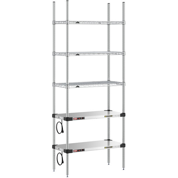 A Metro stainless steel shelving unit with 2 heated shelves and 3 chrome shelves.
