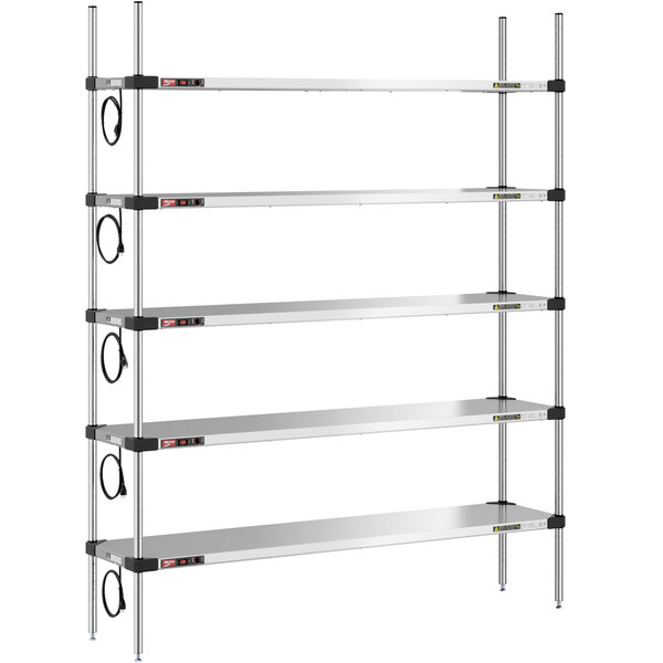 A silver Metro Super Erecta heated stainless steel takeout station with 5 shelves and black cords.