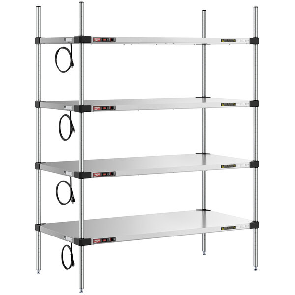 A Metro Super Erecta stainless steel heated takeout station with four shelves and chrome posts.