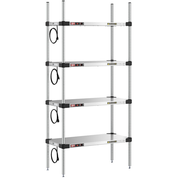 A Metro Super Erecta heated stainless steel takeout station with four shelves and chrome posts.