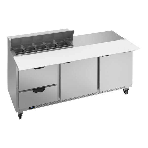 A Beverage-Air refrigerated sandwich prep table with a stainless steel counter top, two drawers, and two doors.