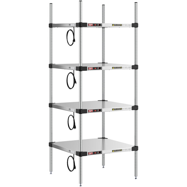 A Metro Super Erecta heated stainless steel takeout station with 3 black wire shelves.