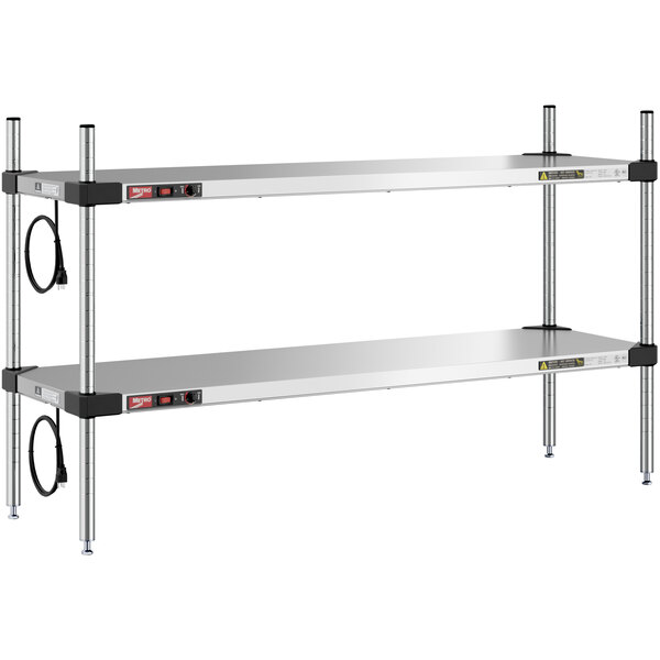 A pair of stainless steel shelves with silver posts.