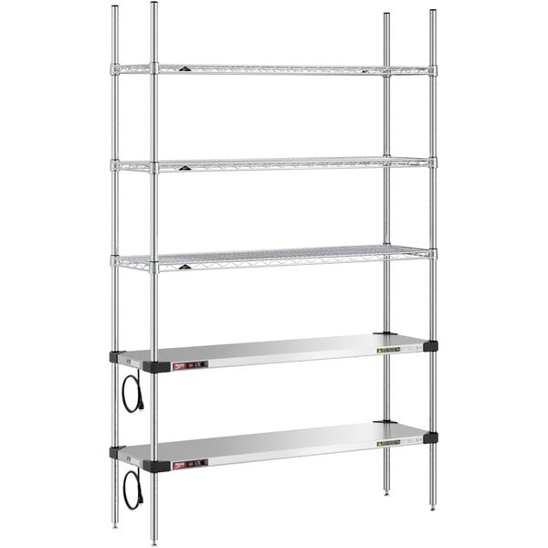 A Metro Super Erecta metal shelving unit with three chrome shelves and two heated shelves.