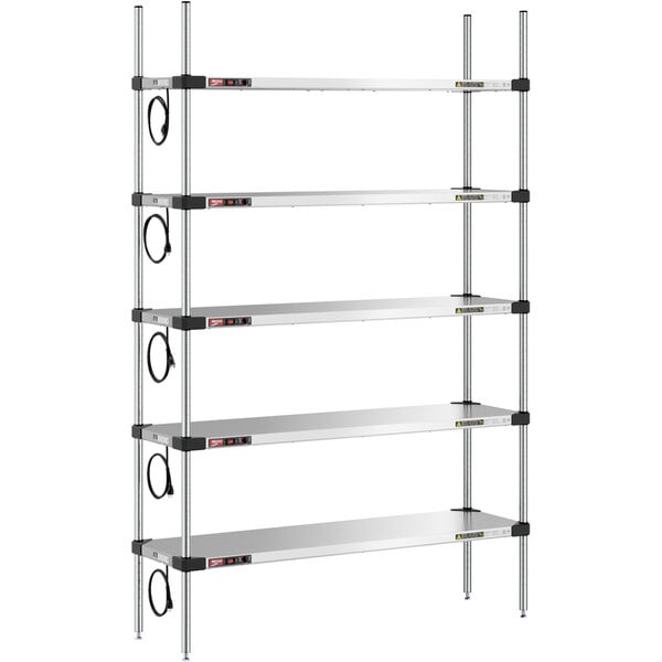 A Metro Super Erecta heated stainless steel takeout station with 4 shelves and black wires.