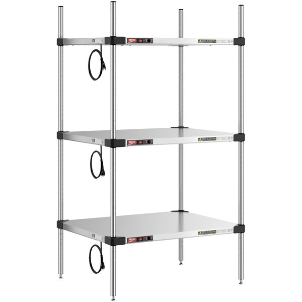 A Metro Super Erecta heated takeout station with 3 shelves on chrome posts.