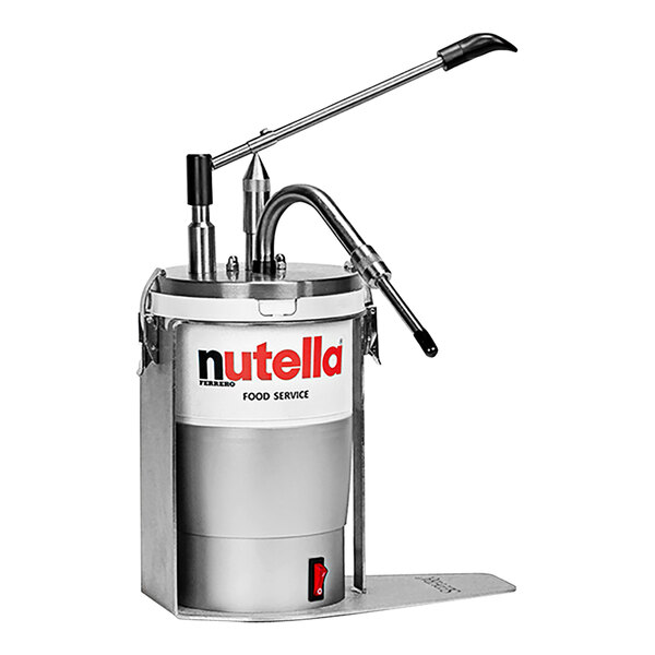 A Sephra heated Nutella dispenser with a stainless steel handle and black accents.