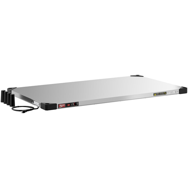 A white rectangular stainless steel Metro countertop shelf with black handles.