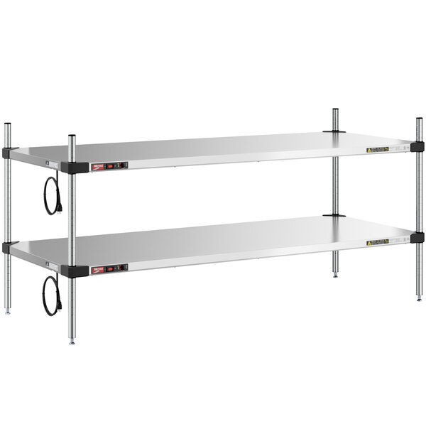 A Metro Super Erecta stainless steel countertop heated shelf with two shelves.