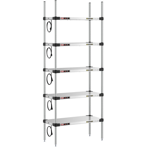 A Metro Super Erecta stainless steel heated takeout station with 4 shelves and black cords.