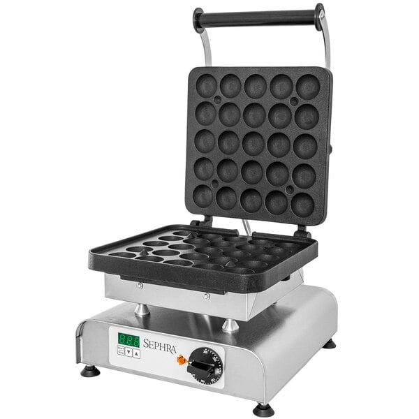 A black Sephra commercial waffle ball maker on a counter.