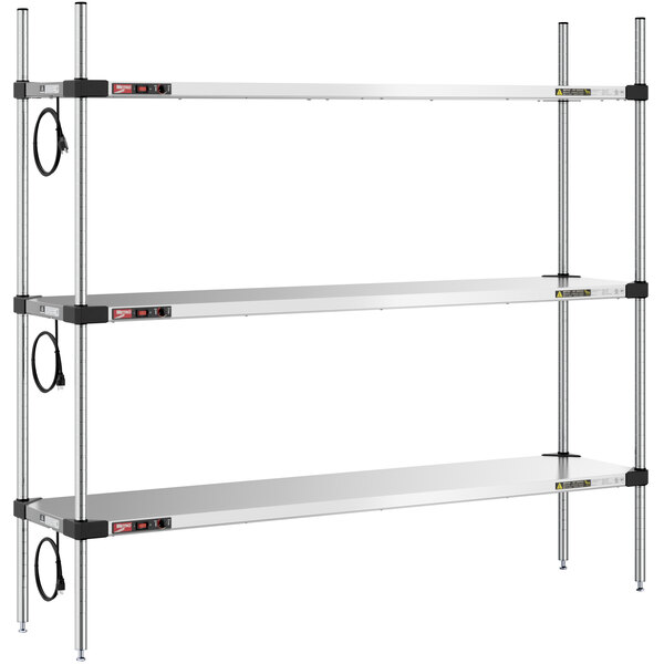 A Metro Super Erecta heated stainless steel takeout station with three shelves on it.