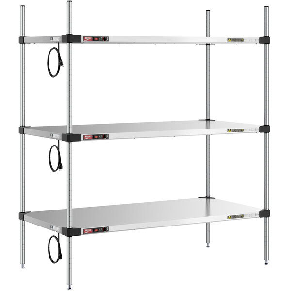 A Metro Super Erecta heated stainless steel takeout station with three shelves.