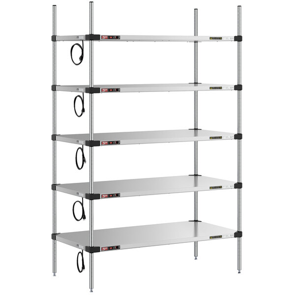 A Metro Super Erecta stainless steel heated takeout station with 4 shelves.