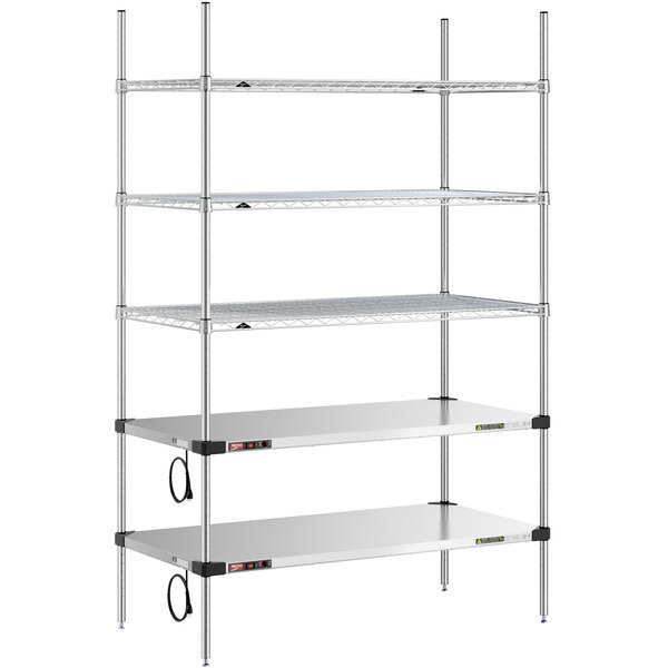 A Metro stainless steel shelving unit with 2 heated shelves and 3 regular shelves.