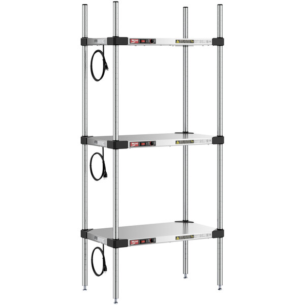 A Metro Super Erecta heated stainless steel takeout station with three shelves on chrome posts with wires.