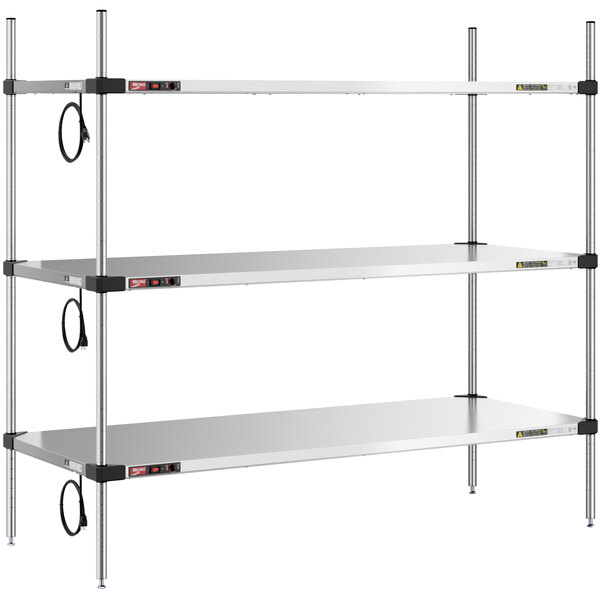 A Metro Super Erecta stainless steel heated shelf with three shelves.