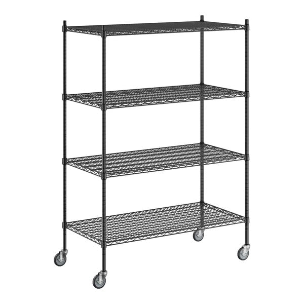 A black wire Regency shelving unit with posts and casters.