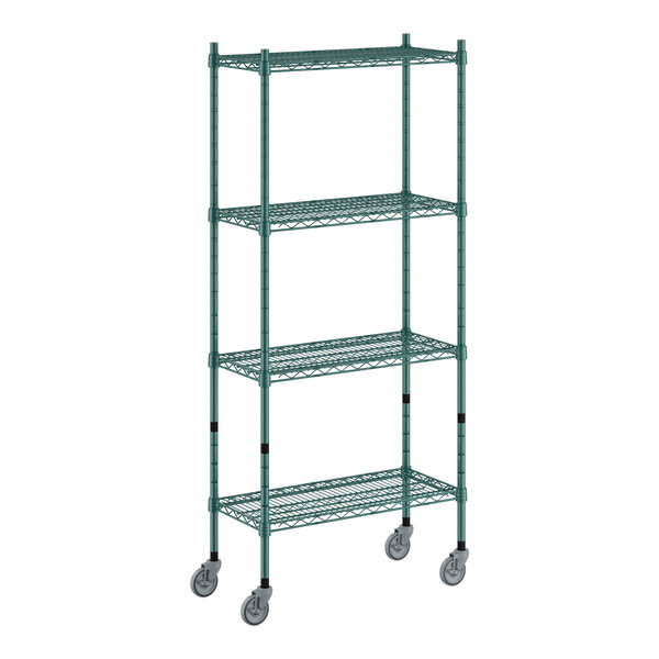 A green metal Regency wire shelving unit with four shelves and wheels.