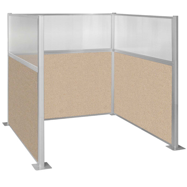 A Versare beige U-shape cubicle with a glass panel.