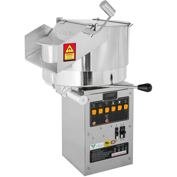 A Cretors 60 oz. popcorn popper machine with digital controls and a handle on the lid.