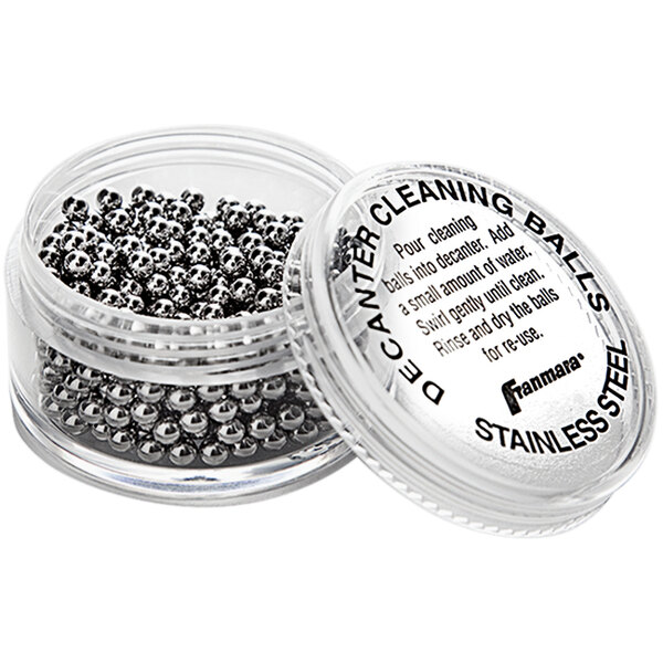 A container of Franmara stainless steel balls.