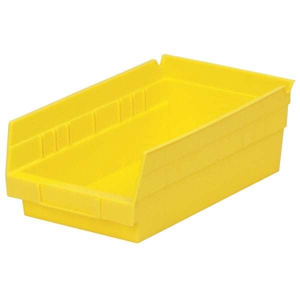 A yellow plastic Metro nesting shelf bin.