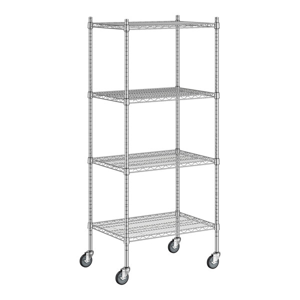 A white wireframe of a Regency chrome mobile wire shelving unit with four shelves.