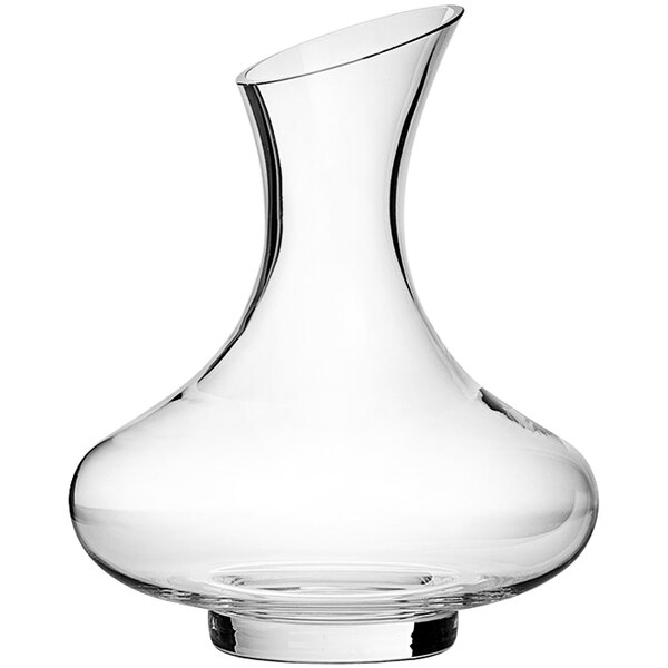 A clear glass decanter with a curved neck.