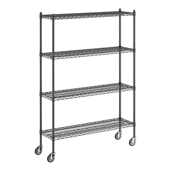 A wireframe of a black Regency wire shelving unit with wheels.