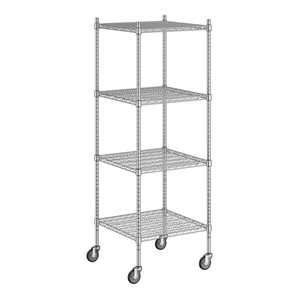 A white wireframe of a Regency chrome 4-shelf unit with casters.