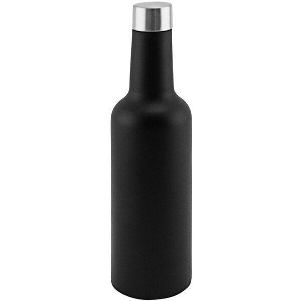A black bottle with a silver top.