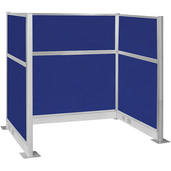 A royal blue Versare cubicle privacy screen with a metal frame.