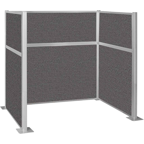 A Versare charcoal gray cubicle with silver metal posts.