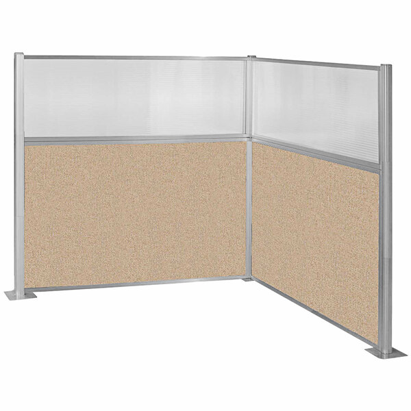 A Versare beige cubicle with a window and a glass partition with a metal frame.