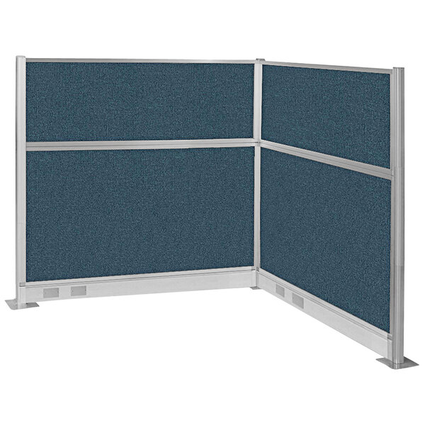 A blue and silver Versare Hush Panel L-Shape cubicle wall.