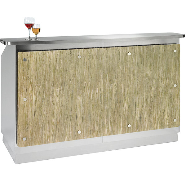 A Lakeside stainless steel and wood portable bar with an ice bin.