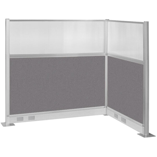 A white and gray Versare Hush Panel L-shape cubicle.