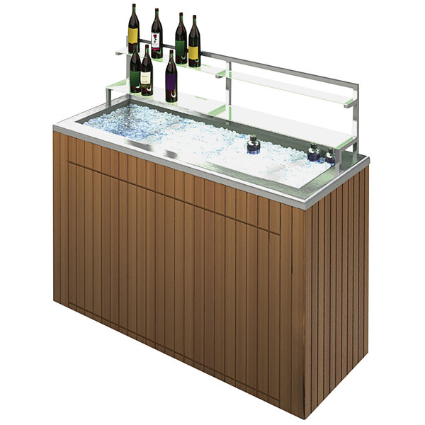 A Lakeside portable back bar with wood slat exterior and wine bottles on top.