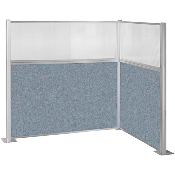A Versare Hush Panel L-shape cubicle with blue fabric partition.