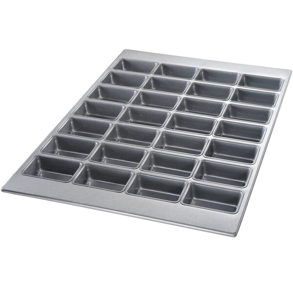 A Chicago Metallic aluminized steel mini-loaf specialty pan with 28 compartments.