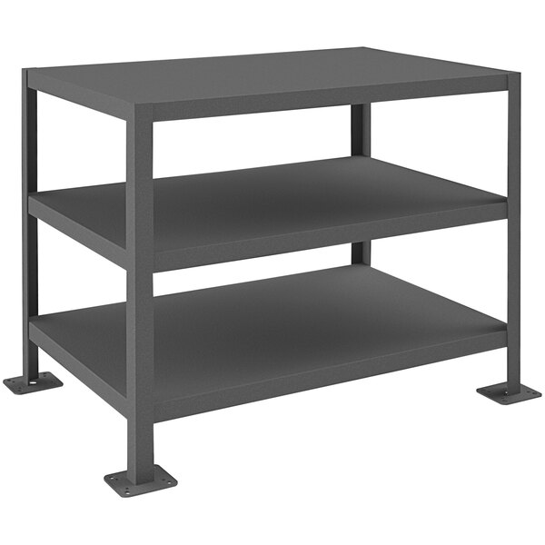 A black metal Durham Mfg machine table with three shelves.