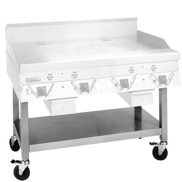 A stainless steel equipment stand with an undershelf and casters.