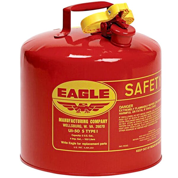 A red Eagle safety can with yellow text and a flame logo.
