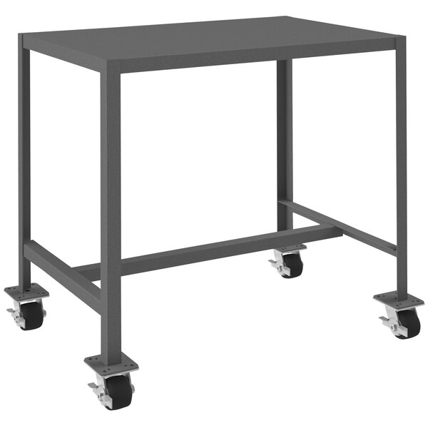 A gray steel Durham Mfg mobile machine table with wheels.