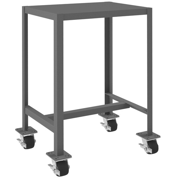A grey metal Durham Mfg machine table with black wheels.
