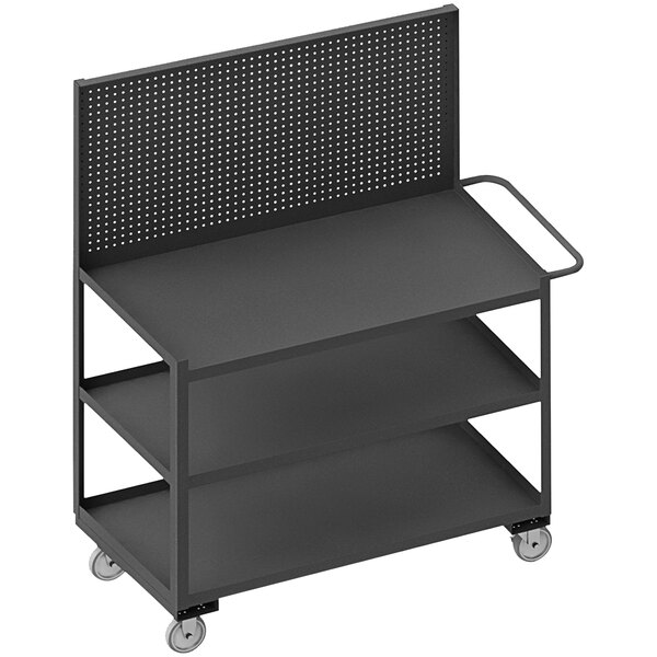 A black Durham Mfg mobile workstation cart with wheels and shelves, and a perforated surface.