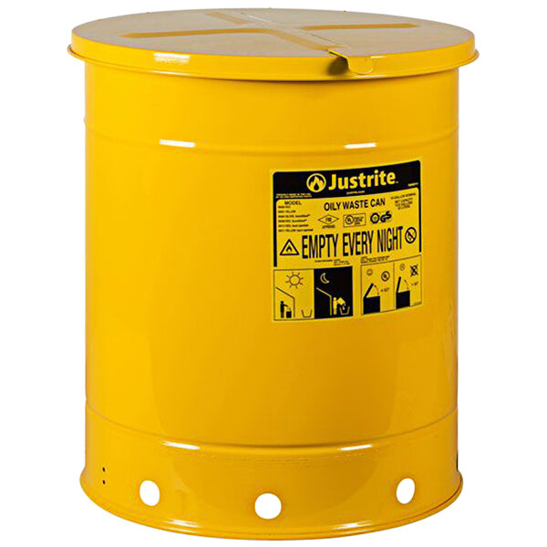 A yellow barrel with a lid and black text that says "Oily Waste Can"