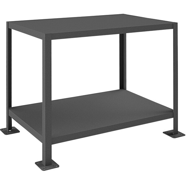 A black metal Durham machine table with 2 shelves.