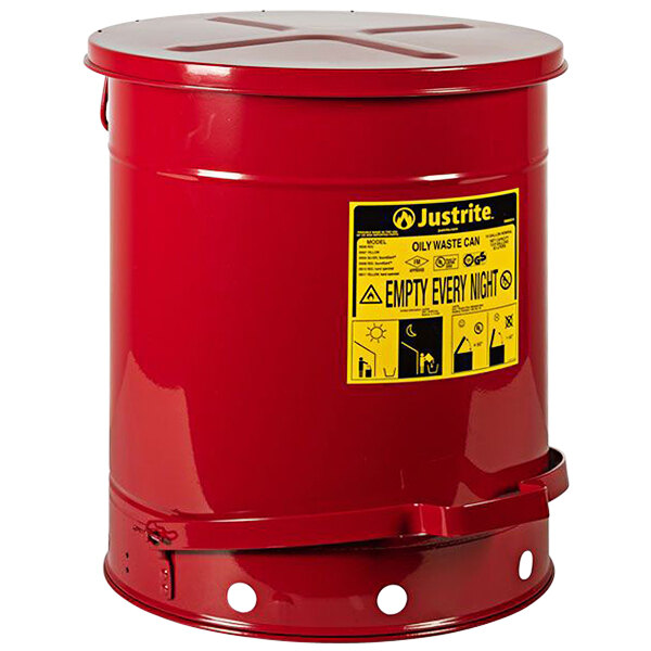 A red Justrite oily waste can with a yellow label.